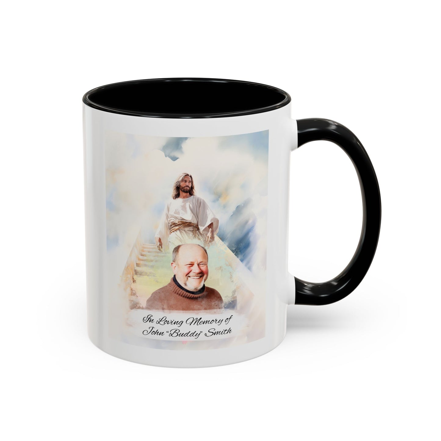 Custom Memorial Accent Coffee Mug with Photo and Text – Sacred Background Keepsake