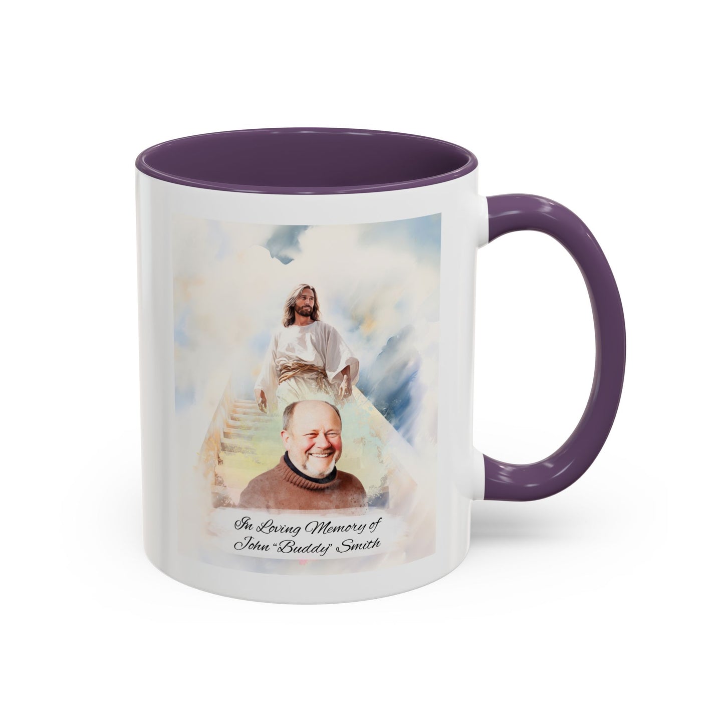 Custom Memorial Accent Coffee Mug with Photo and Text – Sacred Background Keepsake