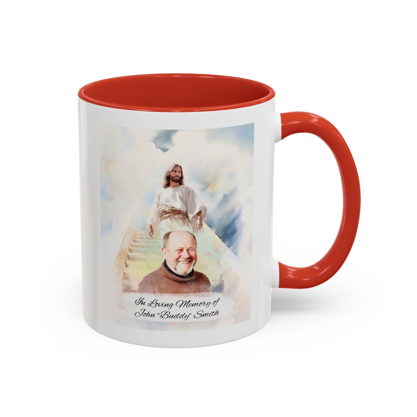 Custom Memorial Accent Coffee Mug with Photo and Text – Sacred Background Keepsake