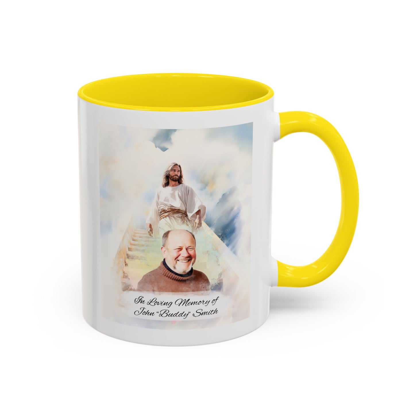 Custom Memorial Accent Coffee Mug with Photo and Text – Sacred Background Keepsake