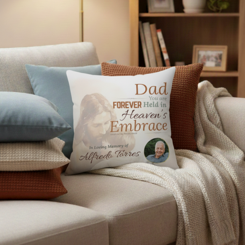 In Loving Memory Pillow – Heaven’s Embrace Design | Personalized Christian Memorial & Sympathy Gift | Loss of Father