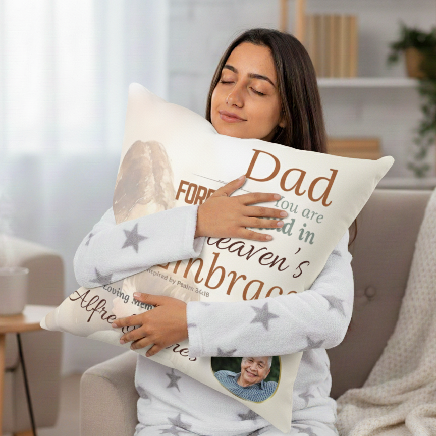 In Loving Memory Pillow – Heaven’s Embrace Design | Personalized Christian Memorial & Sympathy Gift | Loss of Father