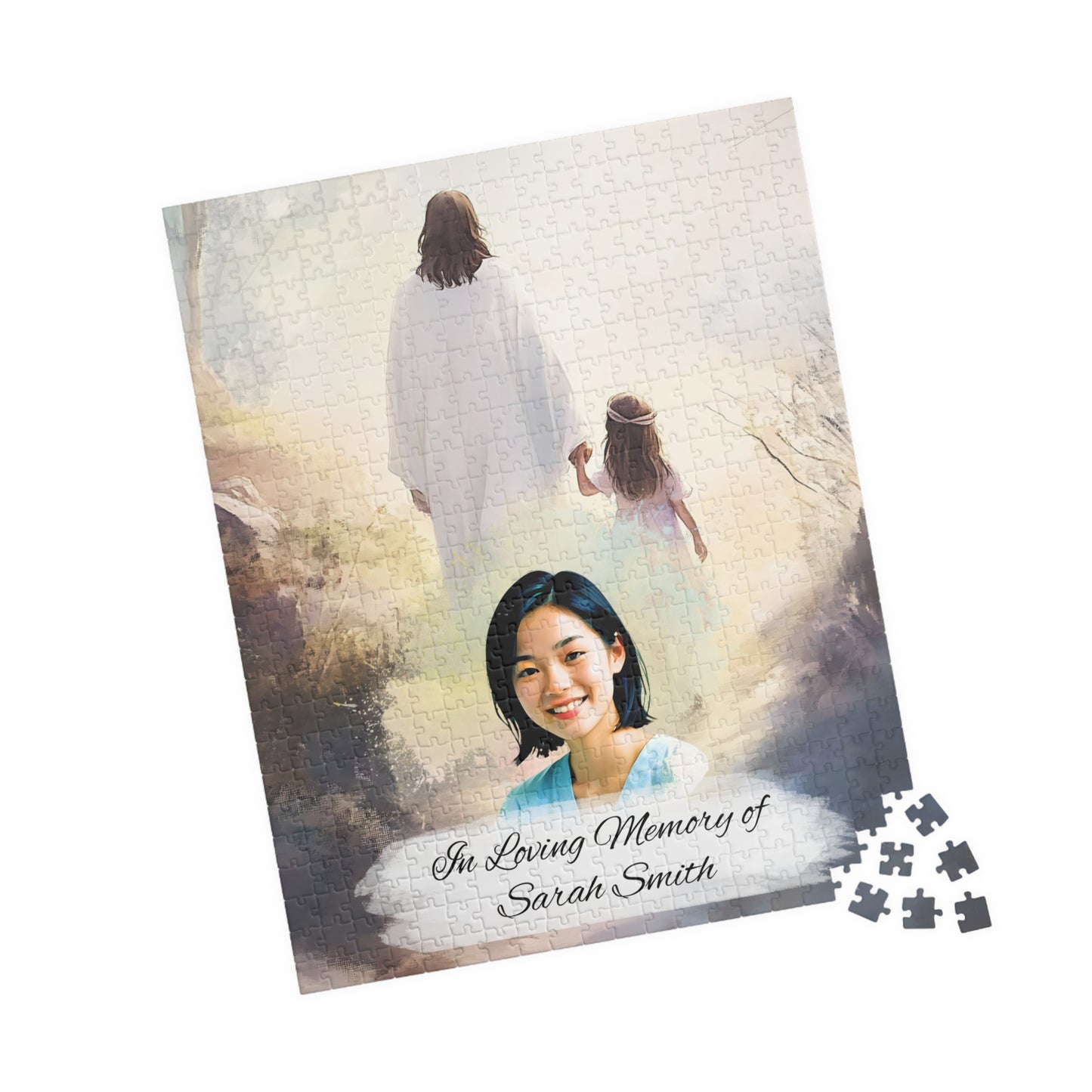 Custom Memorial Puzzle with Photo and Text – Jesus and Little Girl Keepsake (252, 520 pcs)