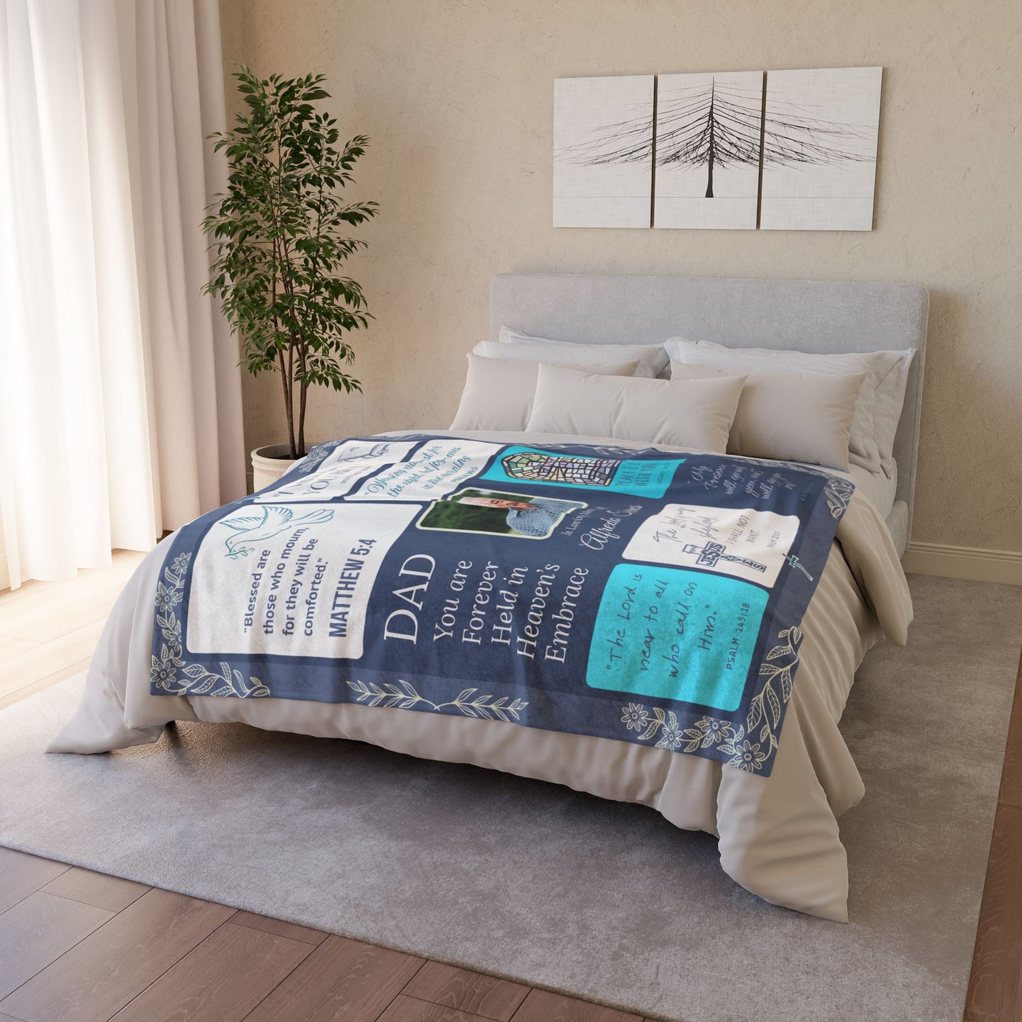 Heaven’s Embrace Memorial Blanket – Blue Scripture Edition | Personalized Christian Sympathy Gift for Loss of Father