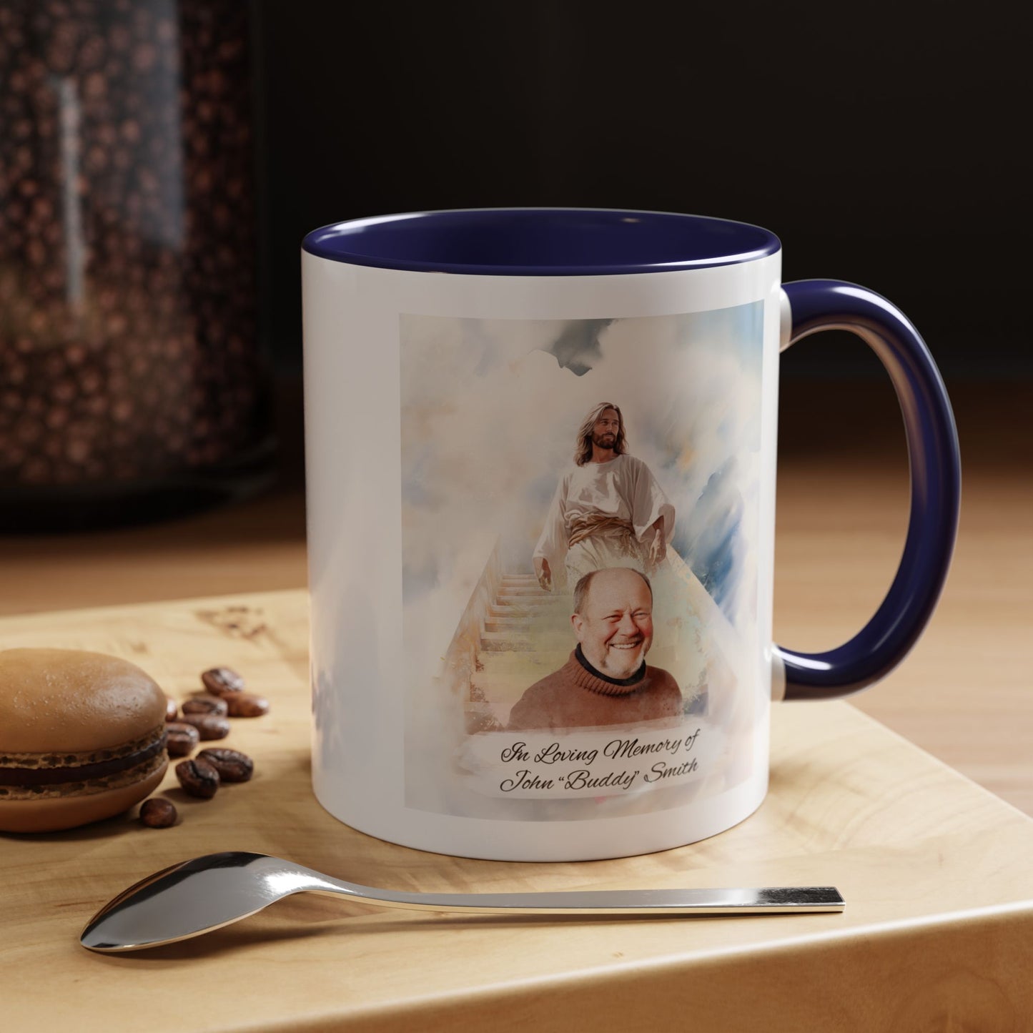Custom Memorial Accent Coffee Mug with Photo and Text – Sacred Background Keepsake