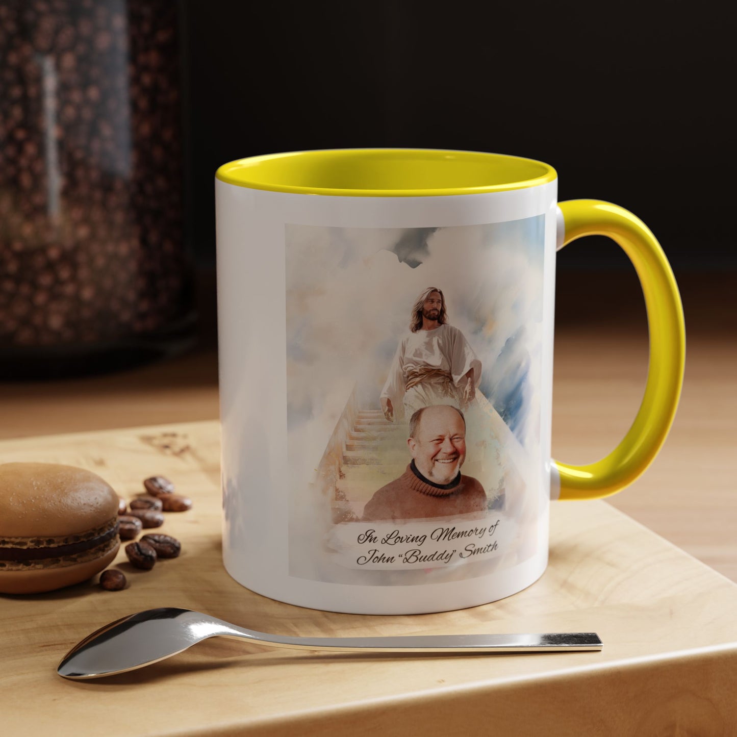 Custom Memorial Accent Coffee Mug with Photo and Text – Sacred Background Keepsake