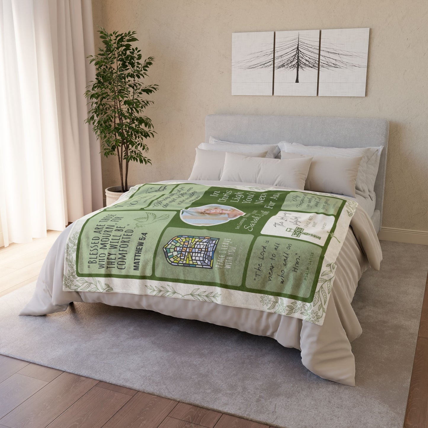 Christ’s Light Memorial Blanket – Green Scripture Design | Personalized Christian Bereavement Gift for Loss of Mother