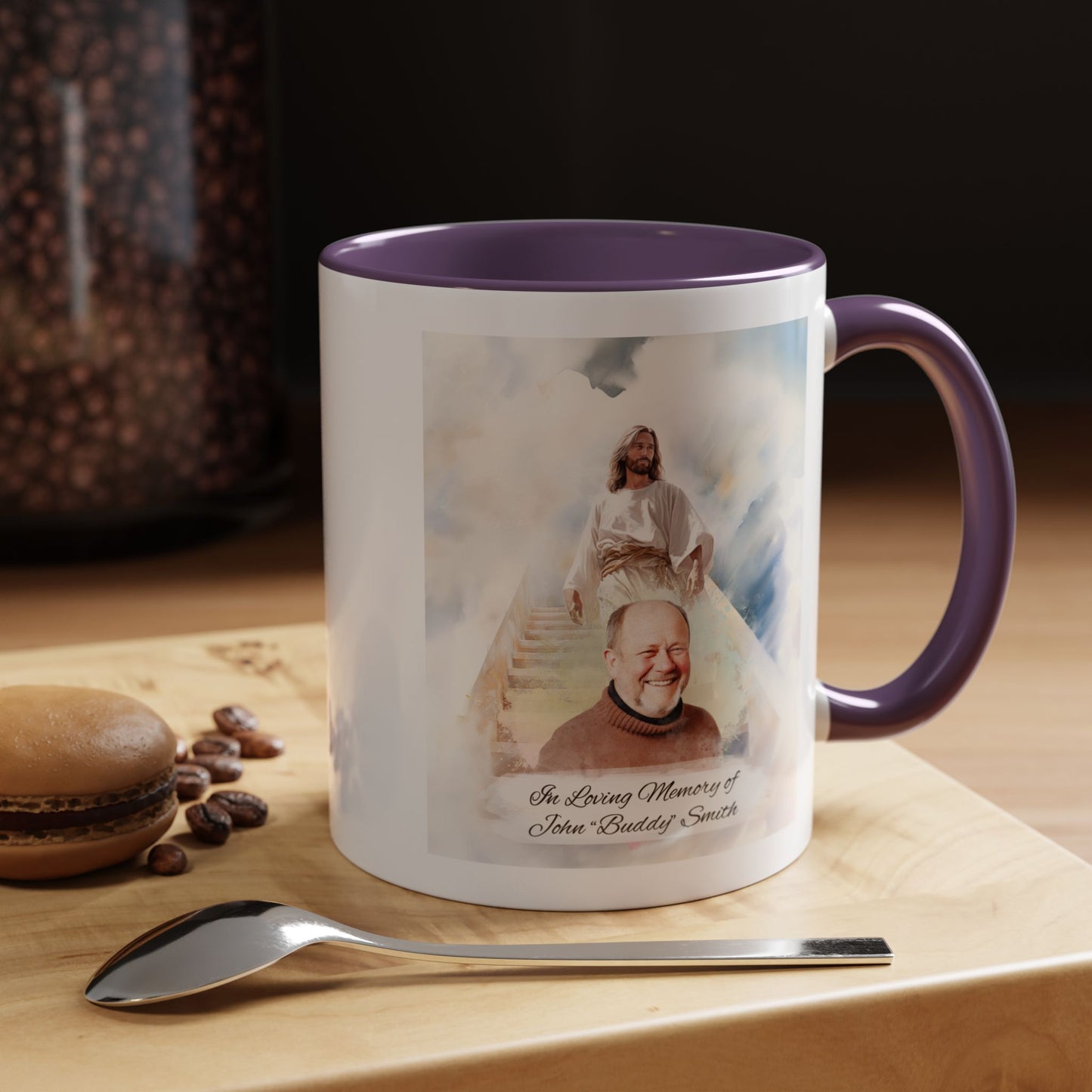 Custom Memorial Accent Coffee Mug with Photo and Text – Sacred Background Keepsake