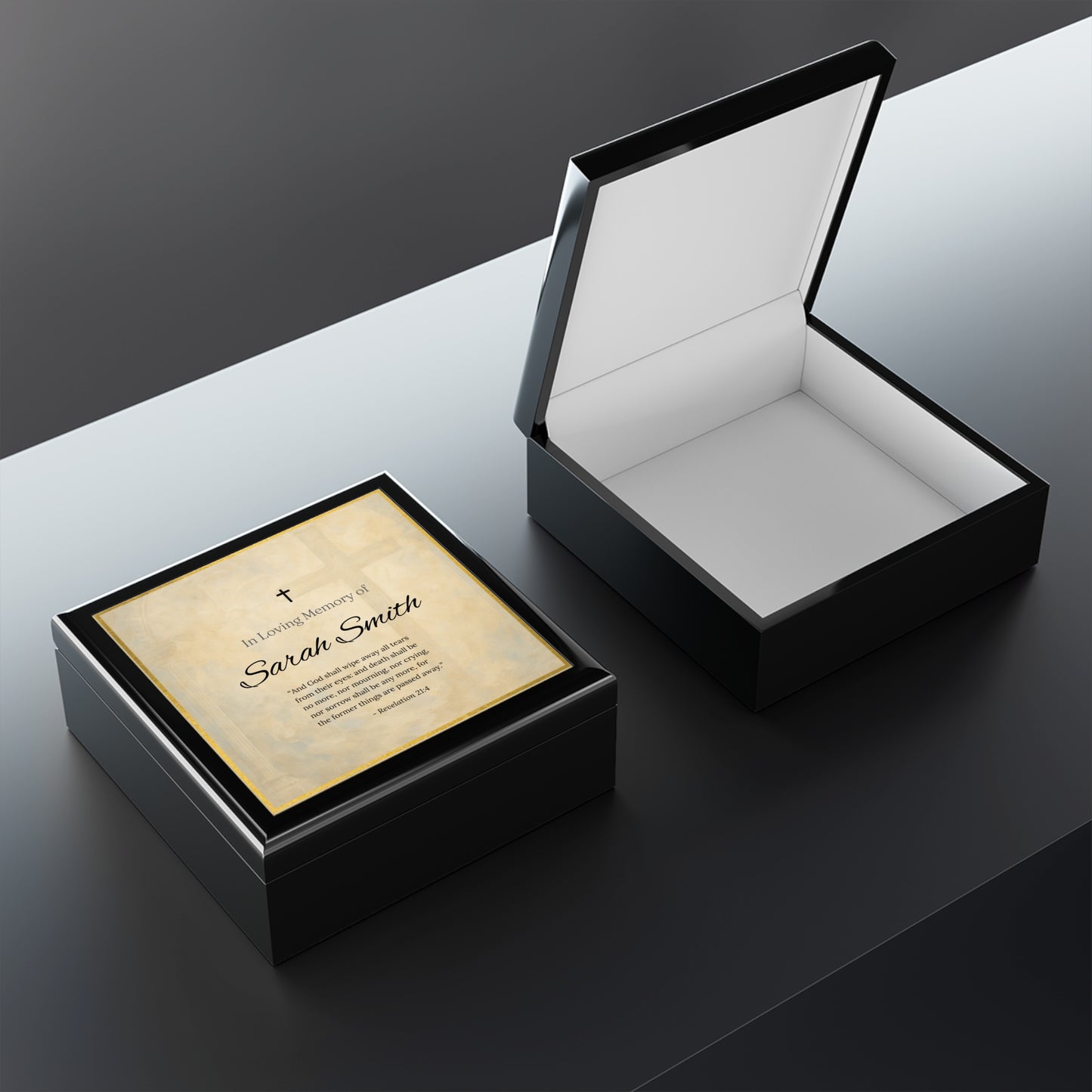 Personalized Memorial Jewelry Box for Loved Ones – Classic In Loving Memory with Revelation 21:4
