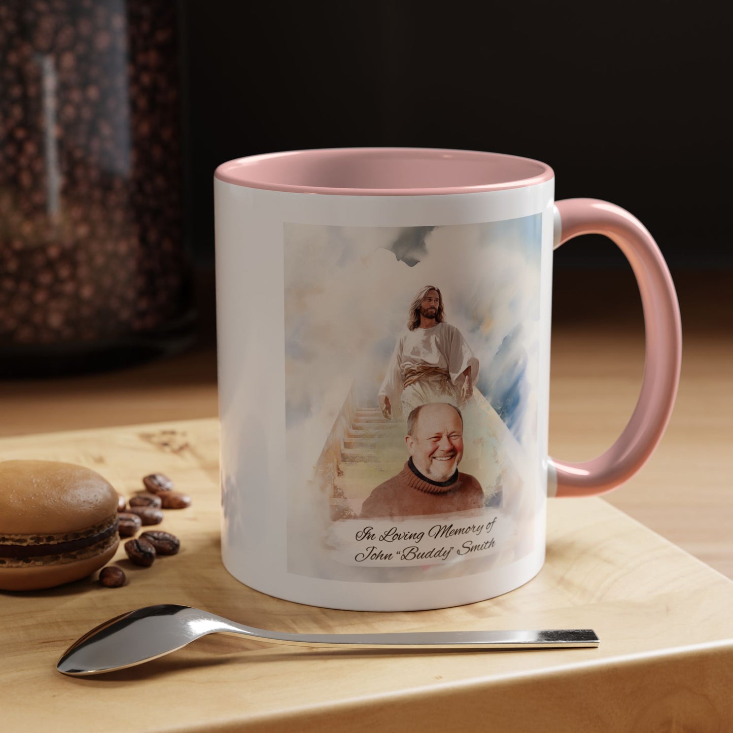 Custom Memorial Accent Coffee Mug with Photo and Text – Sacred Background Keepsake