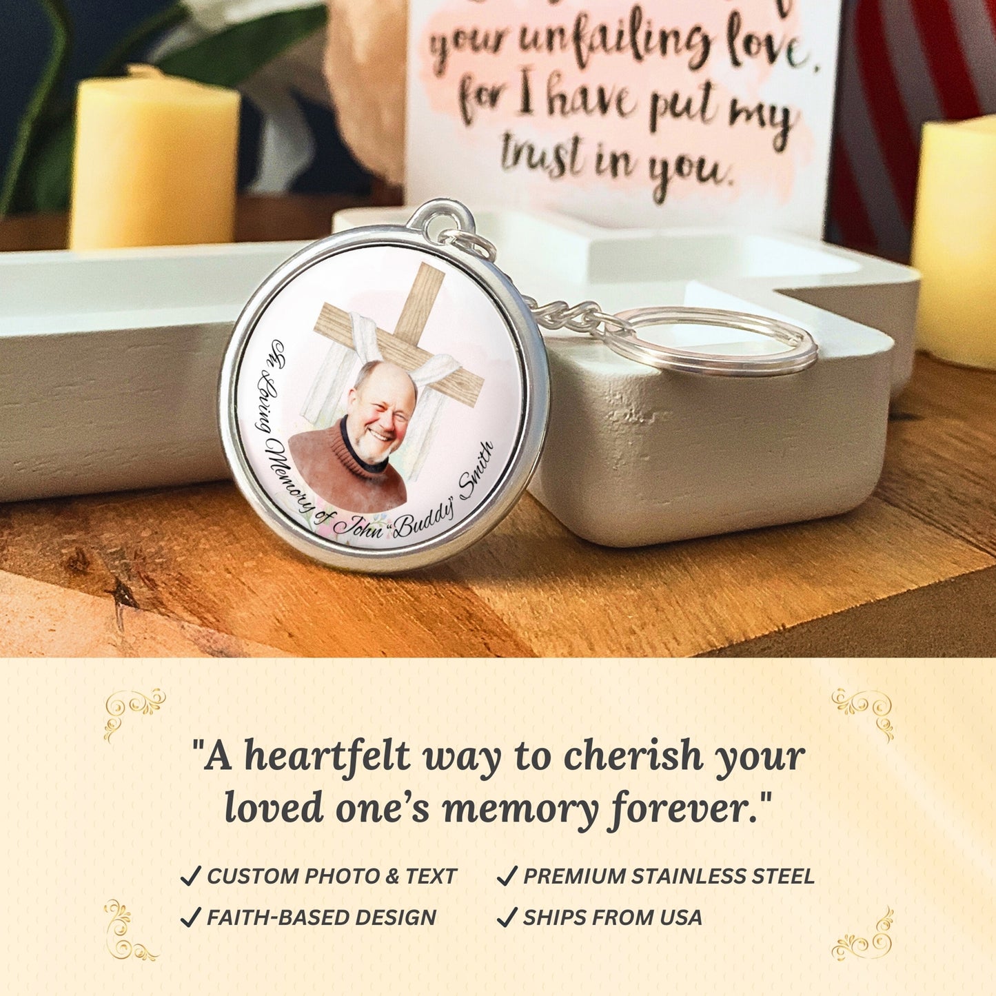Custom Sacred Cross Memorial Keychain, Sympathy Keepsake, Religious Gift