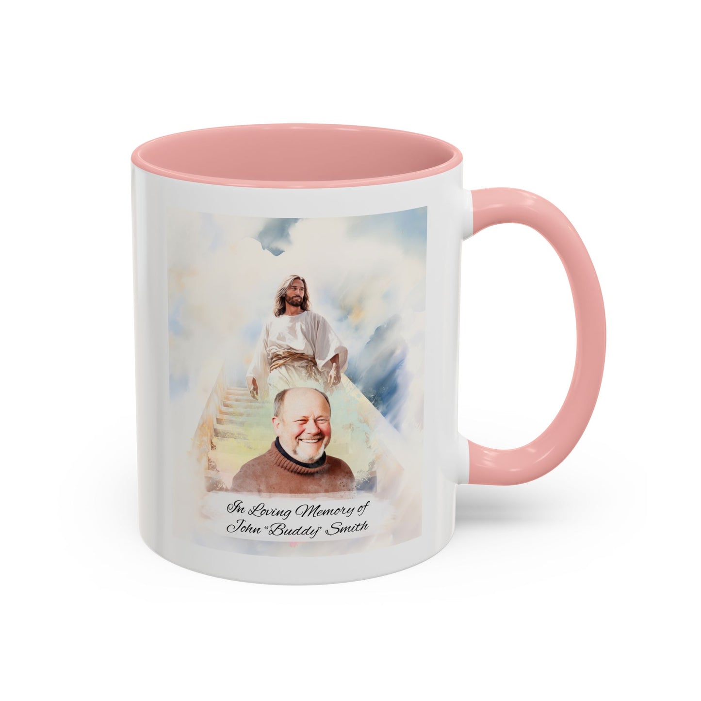 Custom Memorial Accent Coffee Mug with Photo and Text – Sacred Background Keepsake