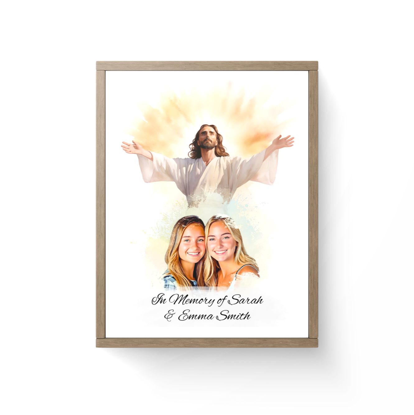 Custom Memorial Art Print with Photo and Text, Premium Watercolor Paper, Jesus Embracing from Heaven Keepsake