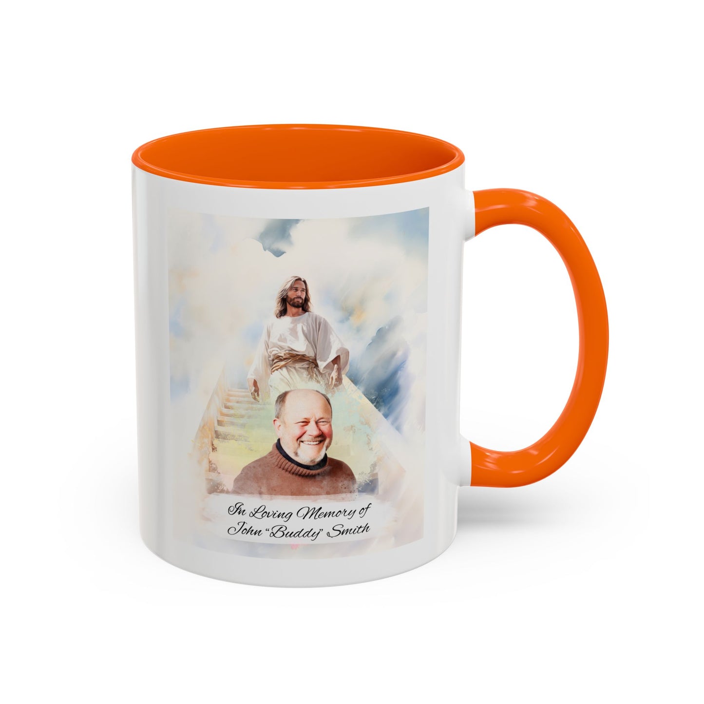 Custom Memorial Accent Coffee Mug with Photo and Text – Sacred Background Keepsake