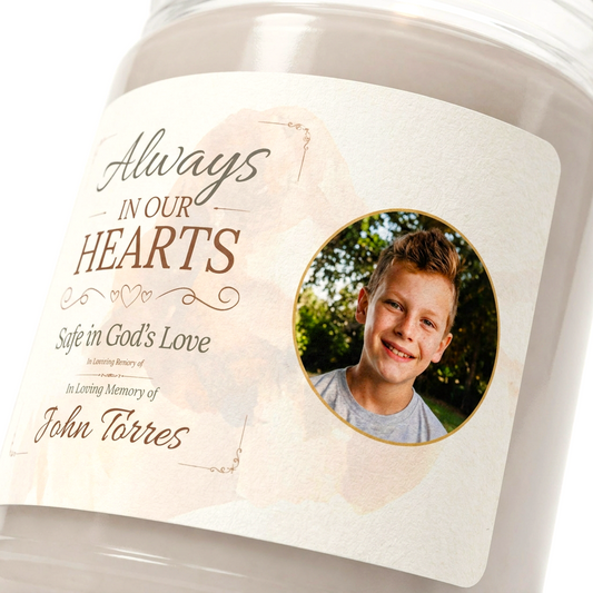 Always in Our Hearts Memorial Photo Candle | Personalized Christian Sympathy Gift for Loss of Child