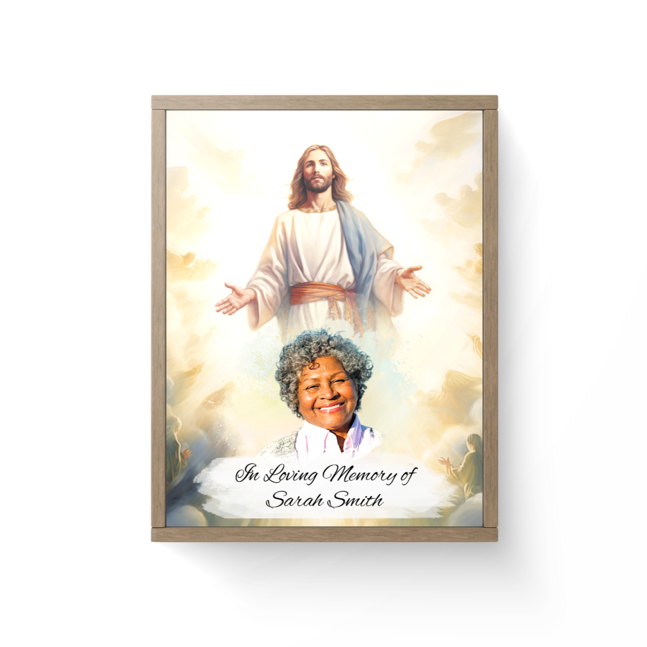 Custom Memorial Art Print with Photo and Text, Premium Watercolor Paper, Jesus in the Heavenly Clouds Keepsake