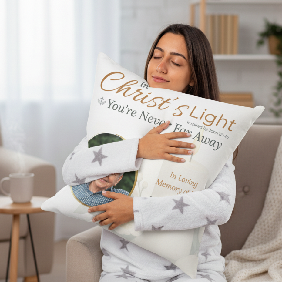 In Loving Memory Pillow – Christ’s Light Design | Personalized Christian Memorial & Sympathy Gift | Loss of Father