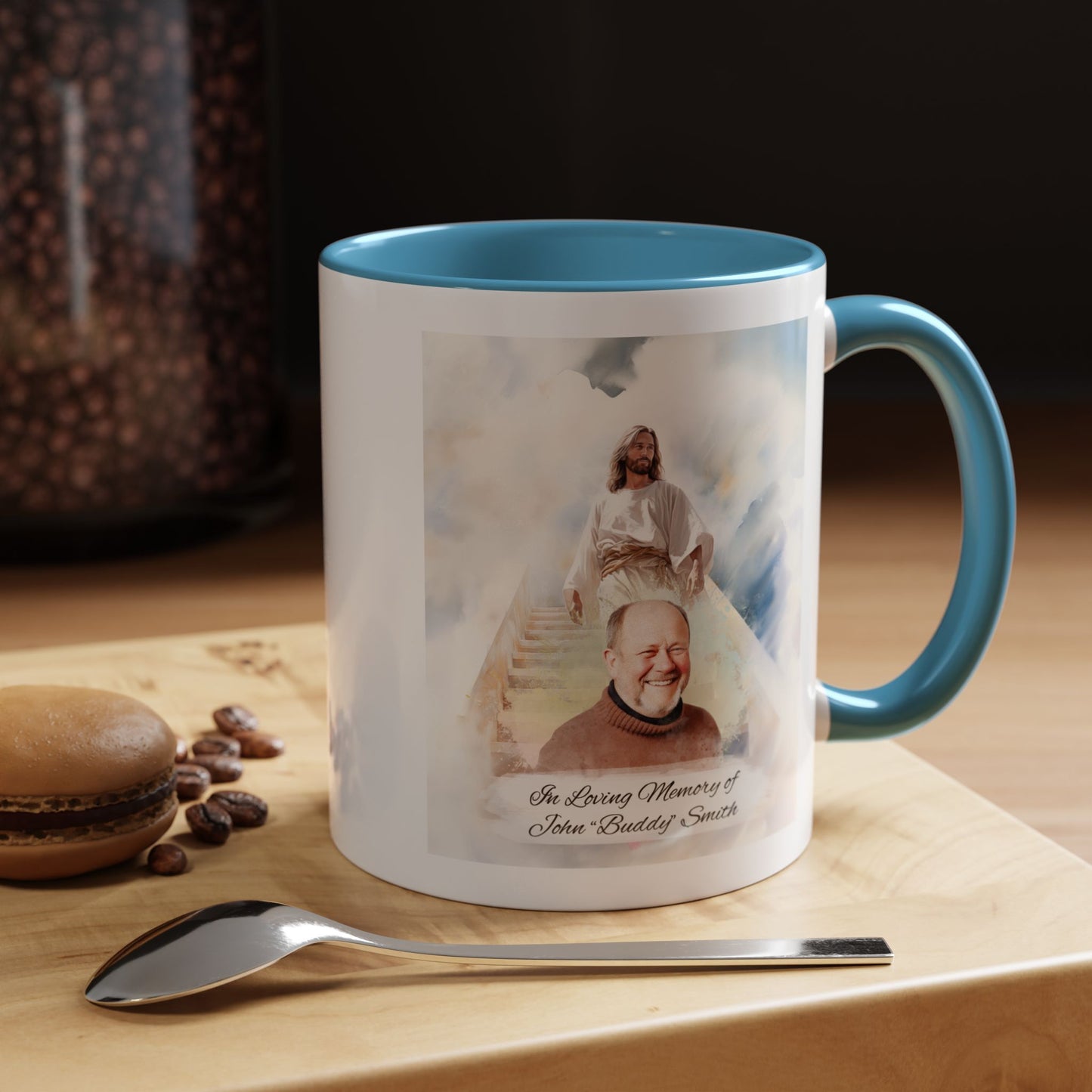 Custom Memorial Accent Coffee Mug with Photo and Text – Sacred Background Keepsake