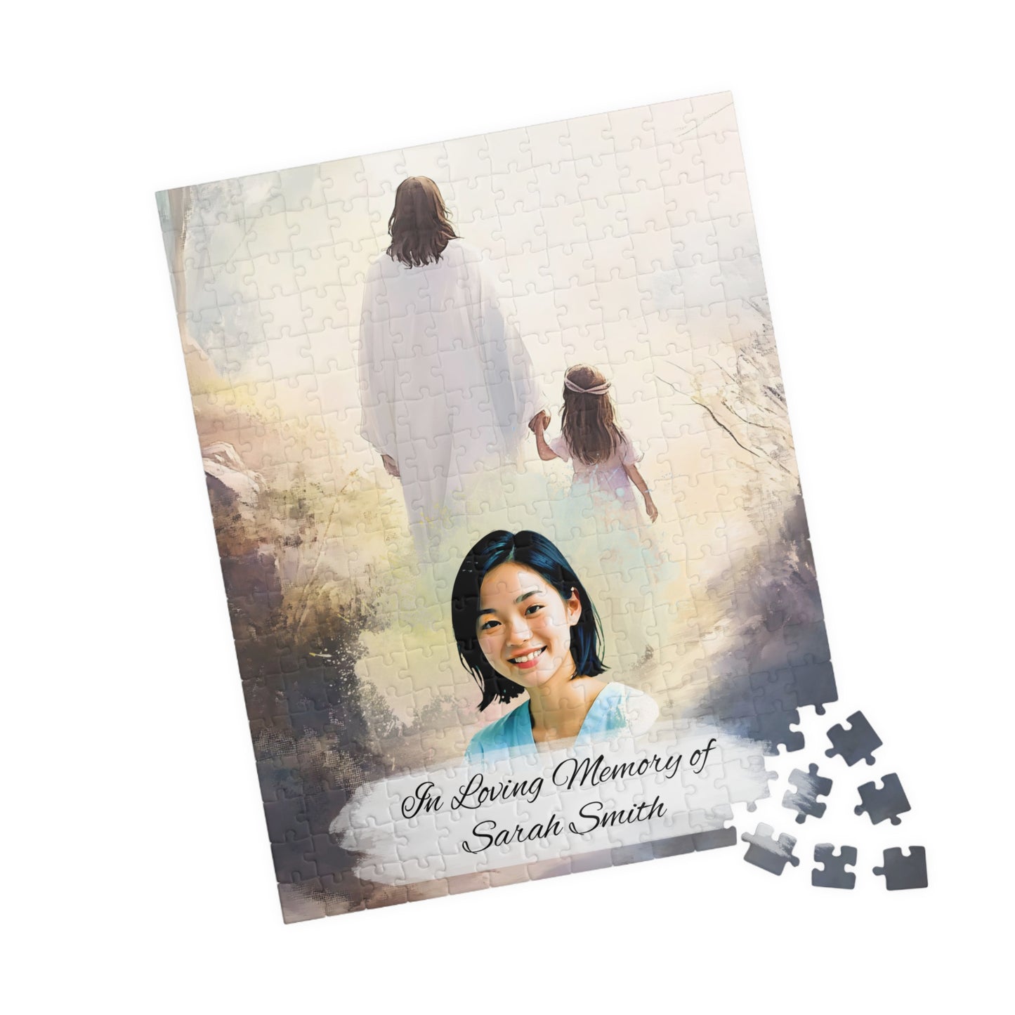 Custom Memorial Puzzle with Photo and Text – Jesus and Little Girl Keepsake (252, 520 pcs)