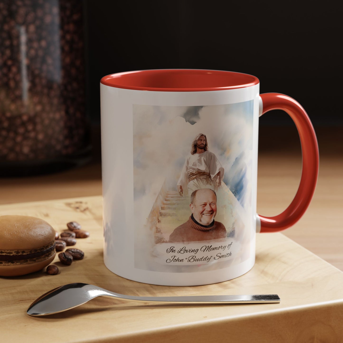 Custom Memorial Accent Coffee Mug with Photo and Text – Sacred Background Keepsake