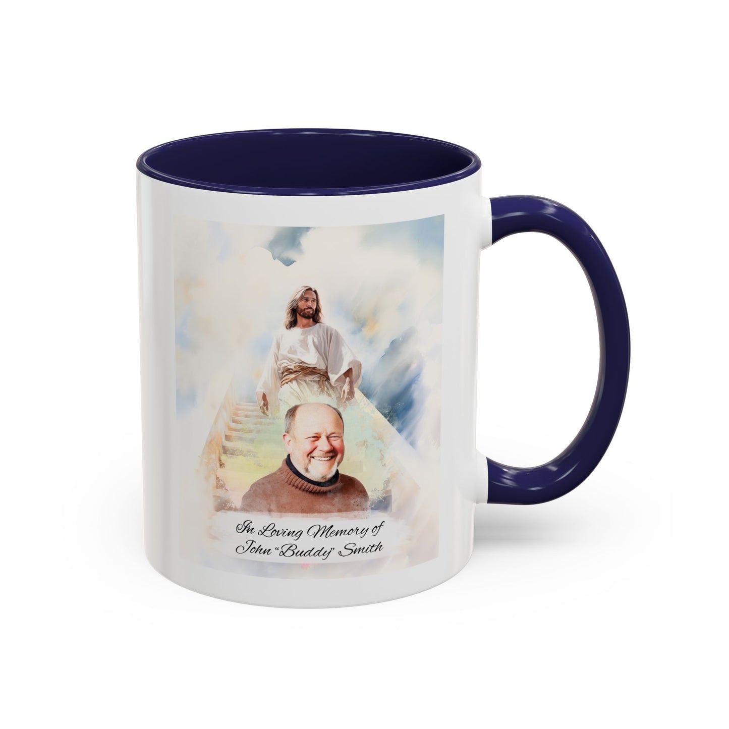 Custom Memorial Accent Coffee Mug with Photo and Text – Sacred Background Keepsake