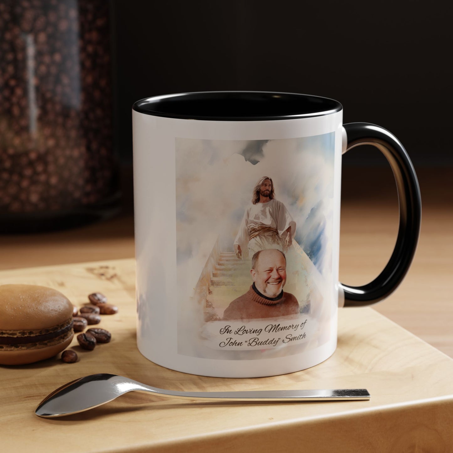 Custom Memorial Accent Coffee Mug with Photo and Text – Sacred Background Keepsake