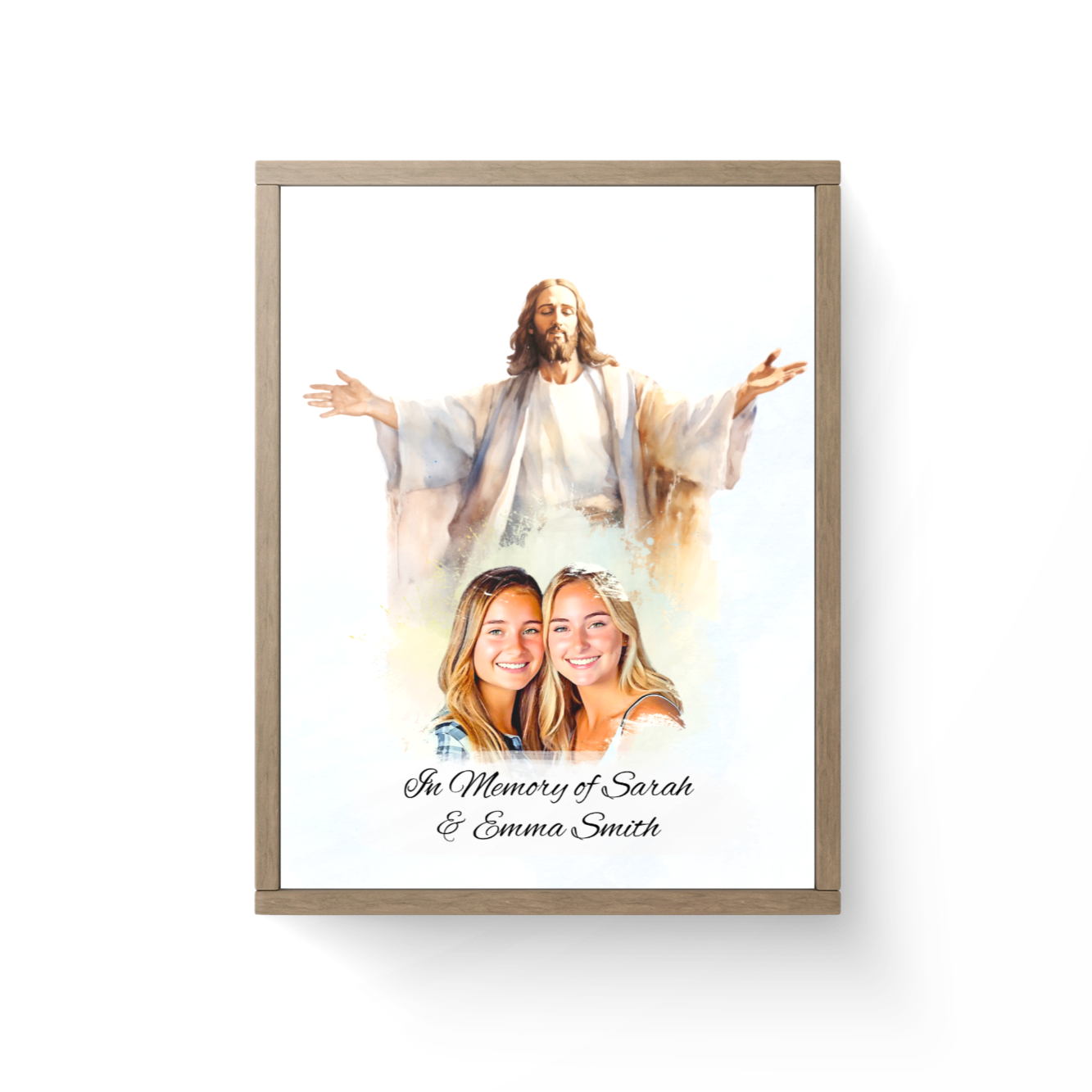 Custom Memorial Art Print with Photo and Text, Premium Watercolor Paper, Jesus Embracing from Heaven Keepsake