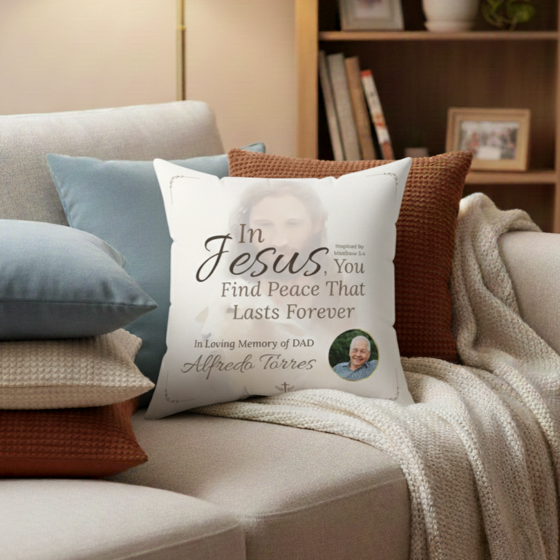 In Loving Memory Pillow – In Jesus You Find Peace Design | Personalized Christian Memorial & Sympathy Gift | Loss of Father