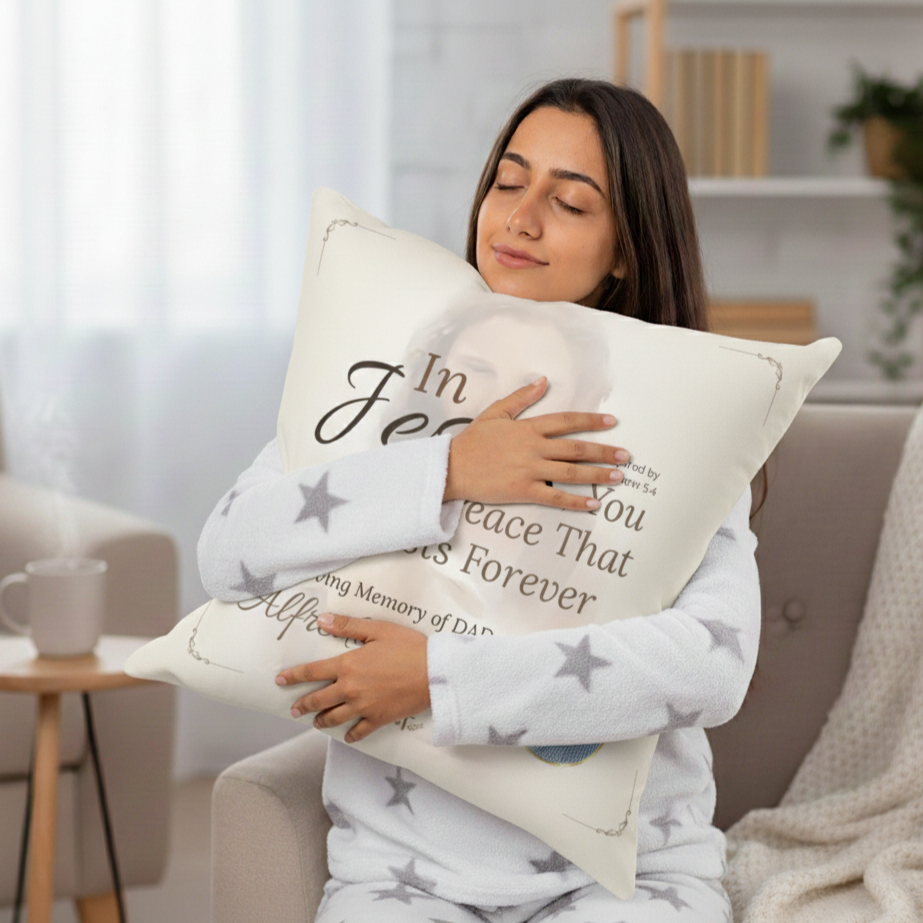 In Loving Memory Pillow – In Jesus You Find Peace Design | Personalized Christian Memorial & Sympathy Gift | Loss of Father