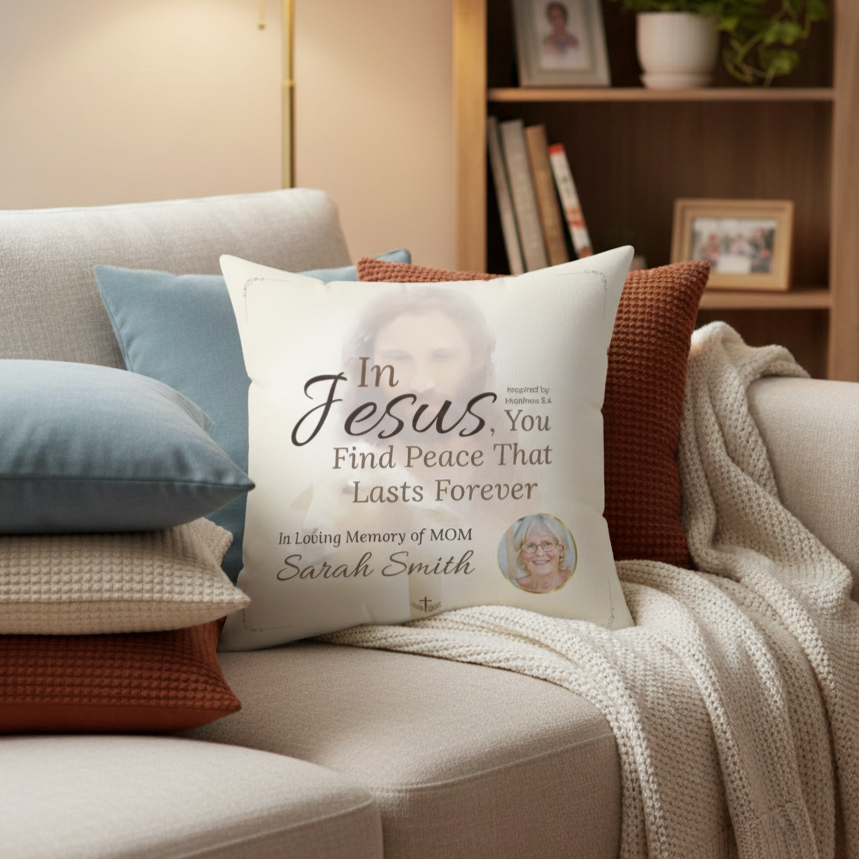 In Loving Memory Pillow – In Jesus You Find Peace Design | Personalized Christian Memorial & Sympathy Gift