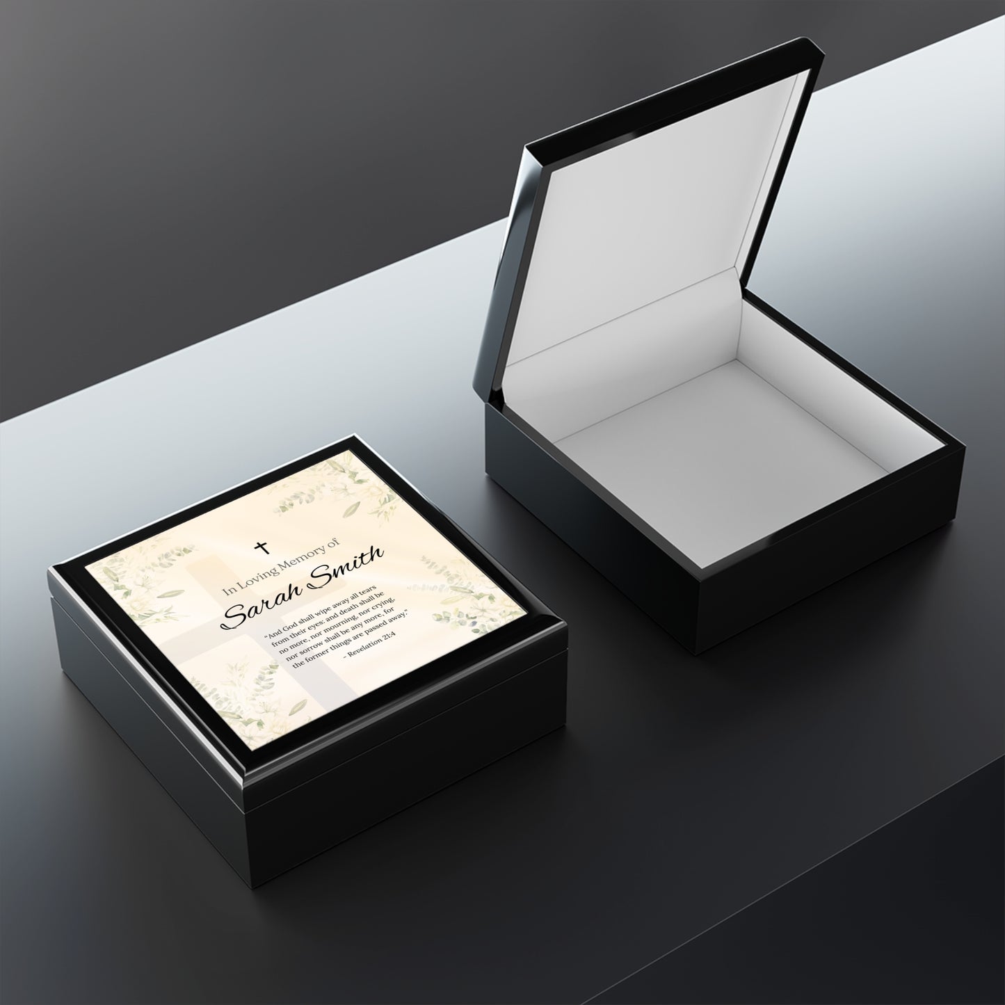 Personalized Memorial Jewelry Box for Loved Ones – In Loving Memory with Revelation 21:4