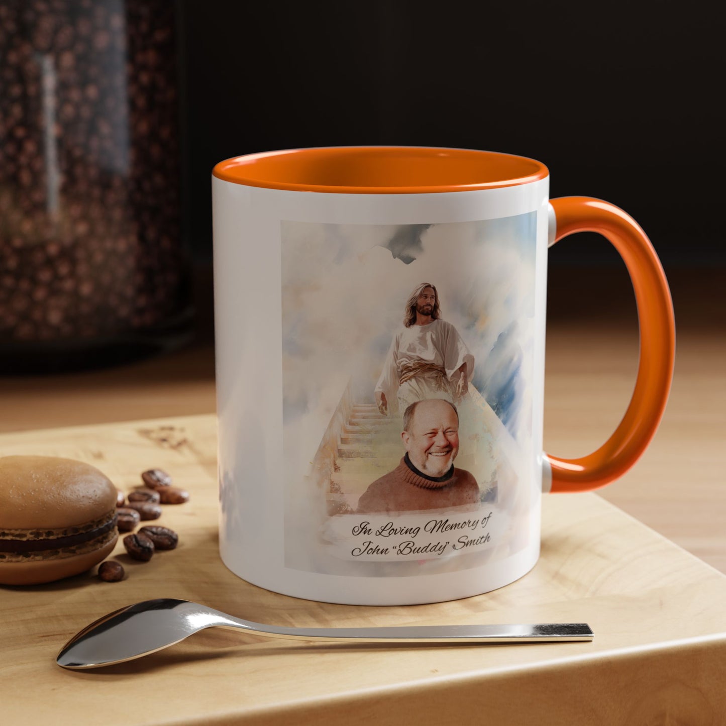 Custom Memorial Accent Coffee Mug with Photo and Text – Sacred Background Keepsake