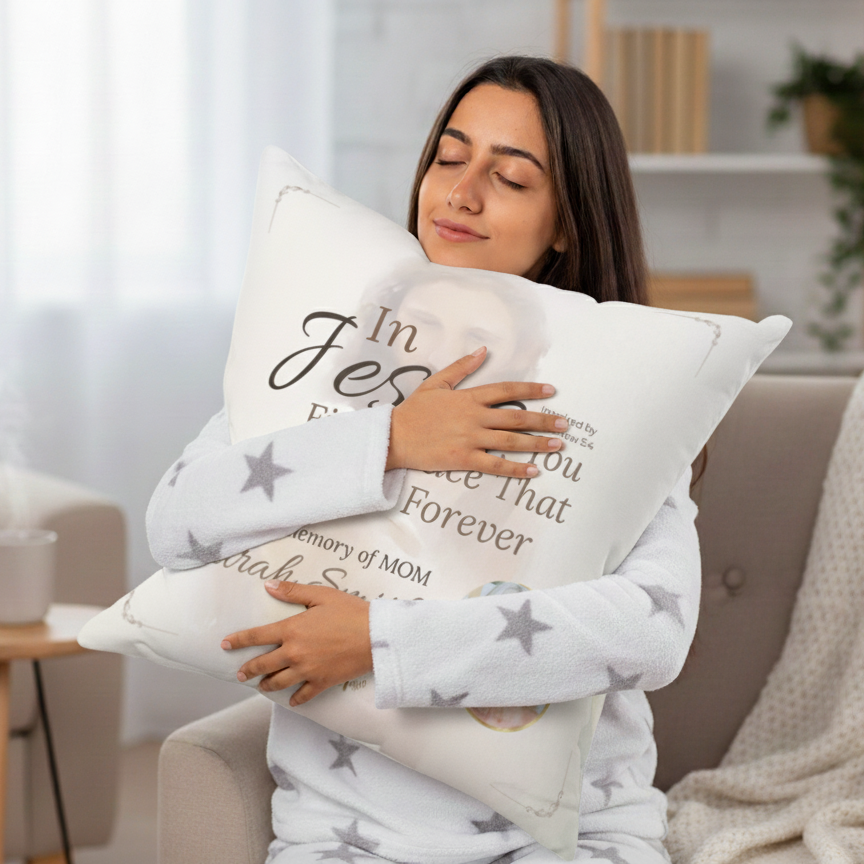 In Loving Memory Pillow – In Jesus You Find Peace Design | Personalized Christian Memorial & Sympathy Gift
