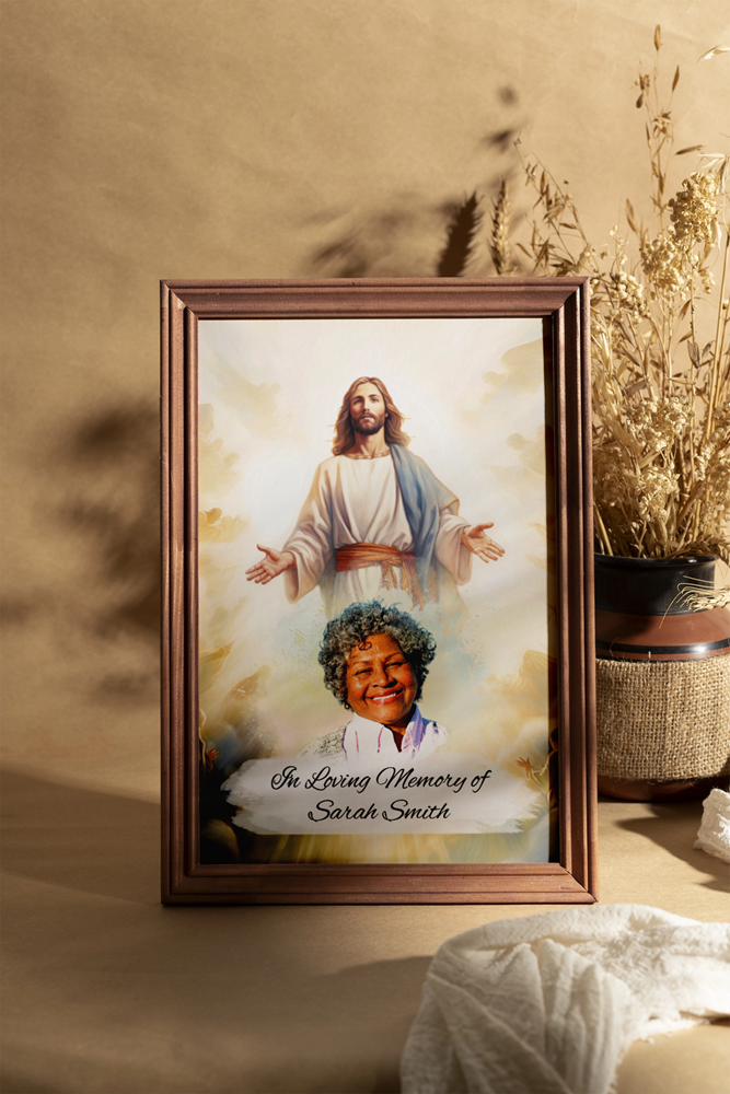 Custom Memorial Art Print with Photo and Text, Premium Watercolor Paper, Jesus in the Heavenly Clouds Keepsake