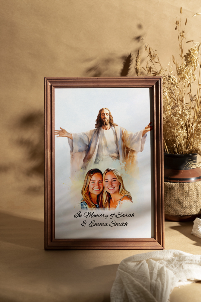 Custom Memorial Art Print with Photo and Text, Premium Watercolor Paper, Jesus Embracing from Heaven Keepsake