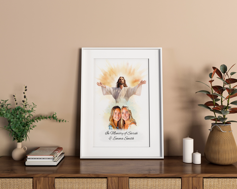 Custom Memorial Art Print with Photo and Text, Premium Watercolor Paper, Jesus Embracing from Heaven Keepsake