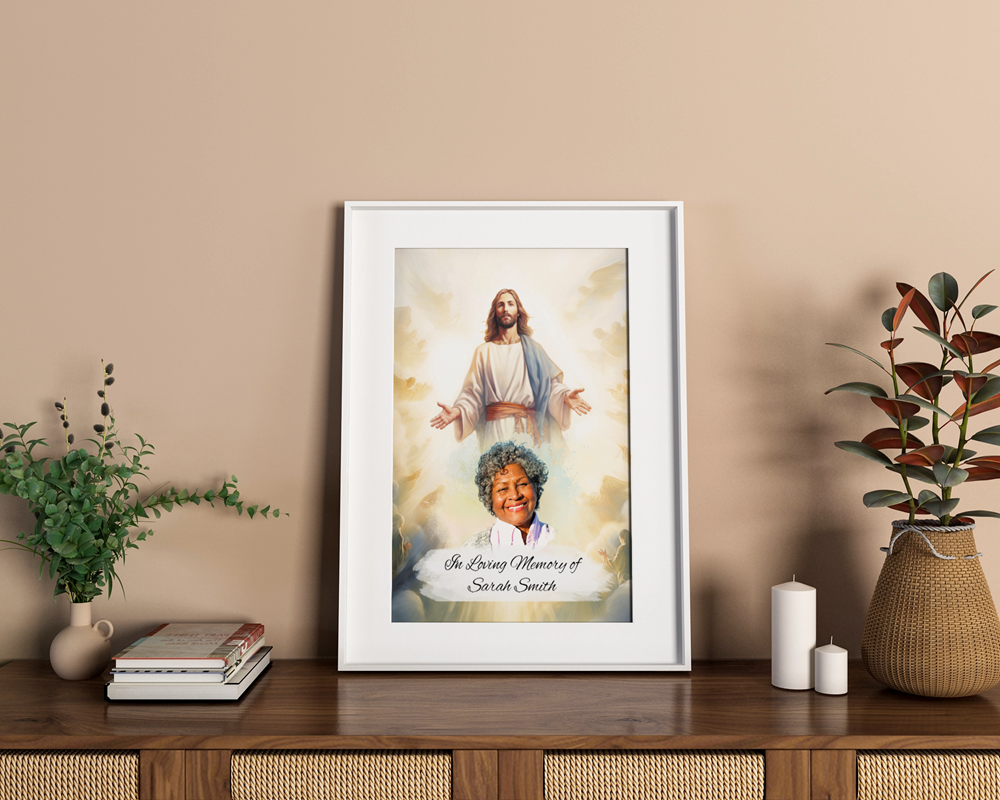 Custom Memorial Art Print with Photo and Text, Premium Watercolor Paper, Jesus in the Heavenly Clouds Keepsake