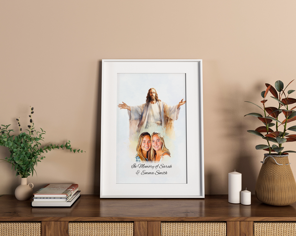 Custom Memorial Art Print with Photo and Text, Premium Watercolor Paper, Jesus Embracing from Heaven Keepsake