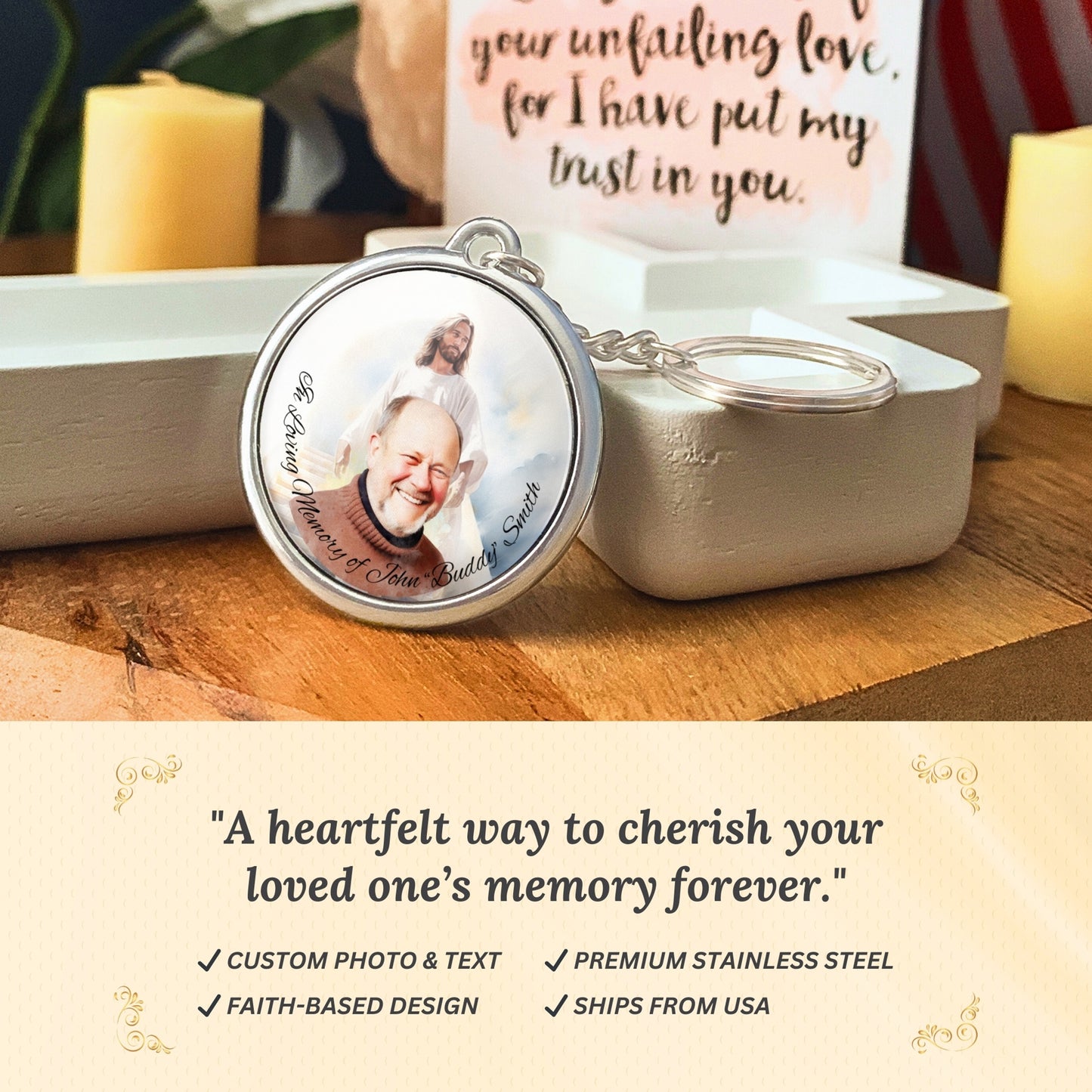 Jesus Memorial Photo Keychain, Christian Sympathy Gift, Photo Memory Keepsake