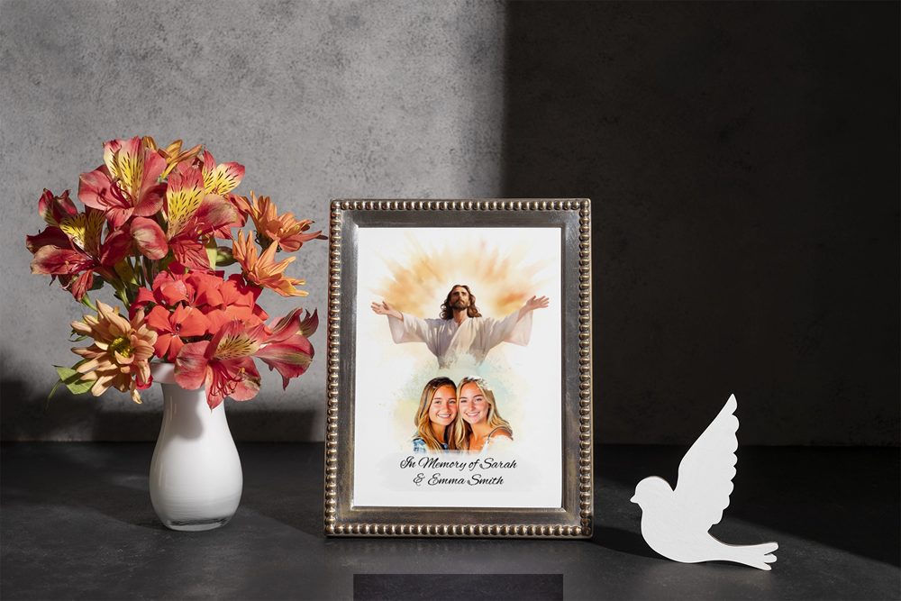 Custom Memorial Art Print with Photo and Text, Premium Watercolor Paper, Jesus Embracing from Heaven Keepsake