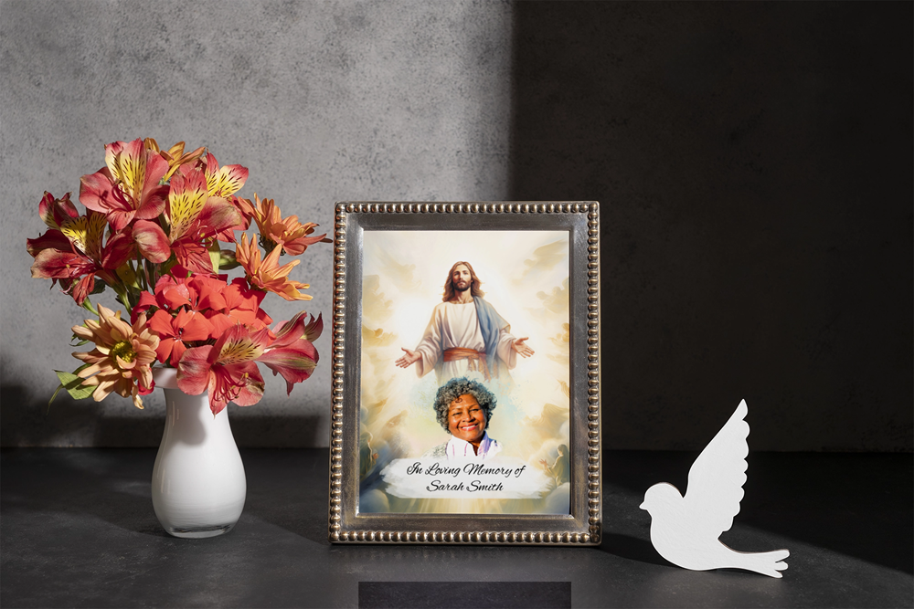 Custom Memorial Art Print with Photo and Text, Premium Watercolor Paper, Jesus in the Heavenly Clouds Keepsake