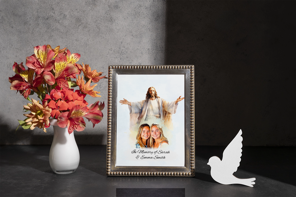 Custom Memorial Art Print with Photo and Text, Premium Watercolor Paper, Jesus Embracing from Heaven Keepsake