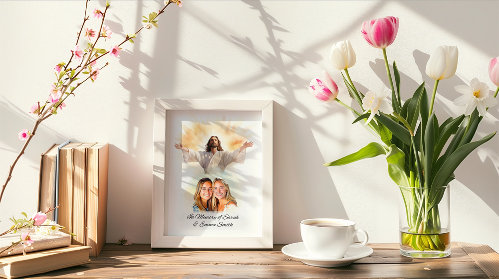 Custom Memorial Art Print with Photo and Text, Premium Watercolor Paper, Jesus Embracing from Heaven Keepsake