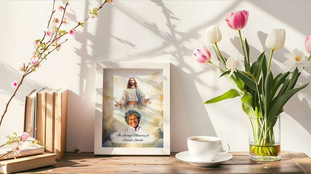 Custom Memorial Art Print with Photo and Text, Premium Watercolor Paper, Jesus in the Heavenly Clouds Keepsake