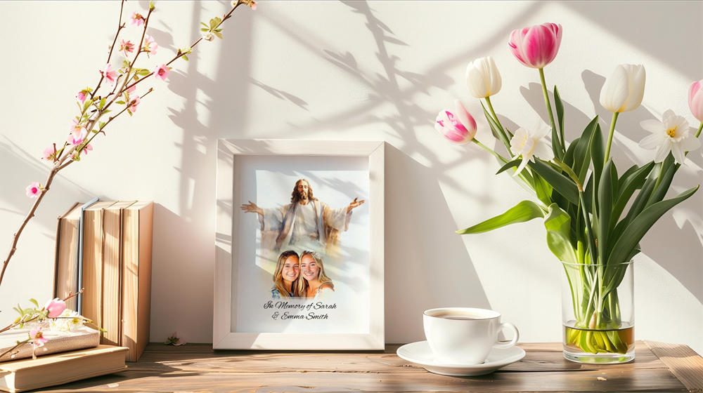 Custom Memorial Art Print with Photo and Text, Premium Watercolor Paper, Jesus Embracing from Heaven Keepsake