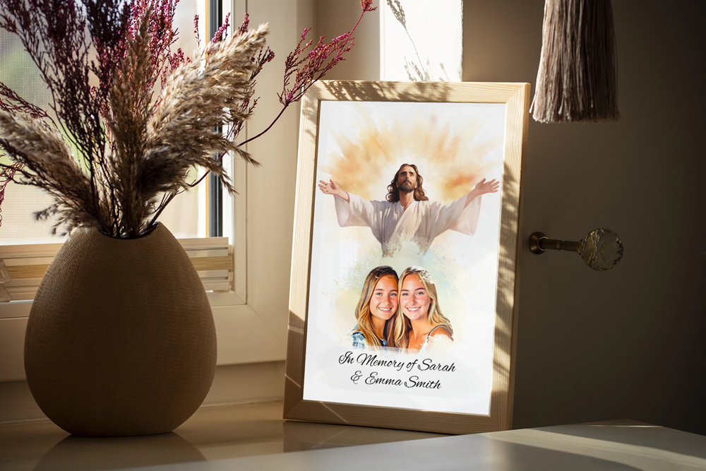Custom Memorial Art Print with Photo and Text, Premium Watercolor Paper, Jesus Embracing from Heaven Keepsake