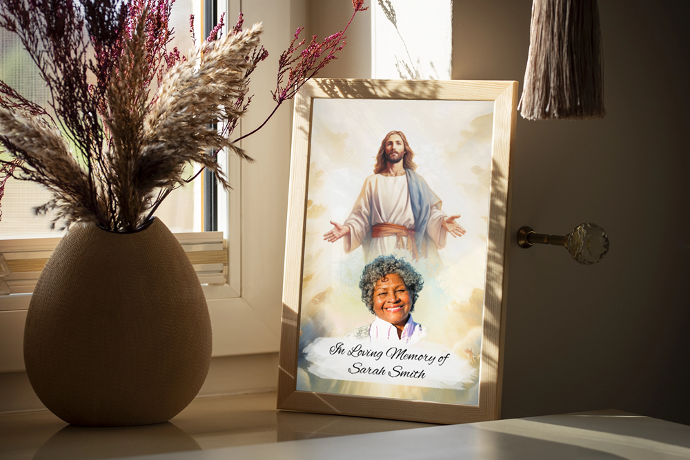 Custom Memorial Art Print with Photo and Text, Premium Watercolor Paper, Jesus in the Heavenly Clouds Keepsake