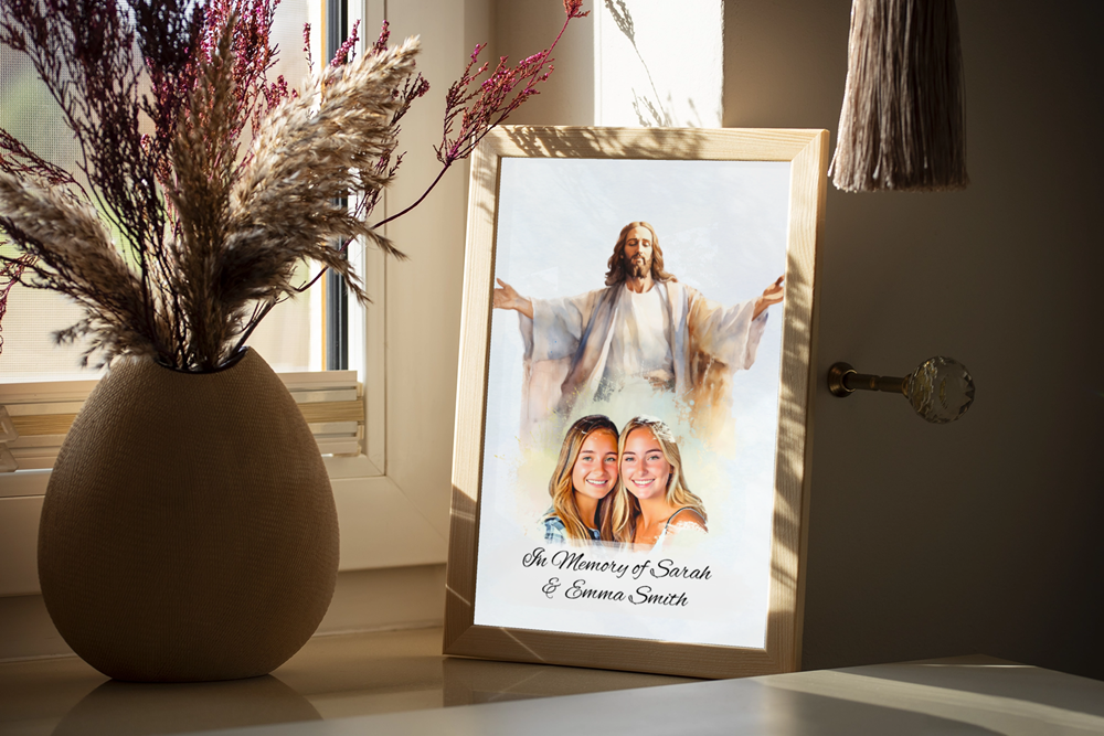 Custom Memorial Art Print with Photo and Text, Premium Watercolor Paper, Jesus Embracing from Heaven Keepsake