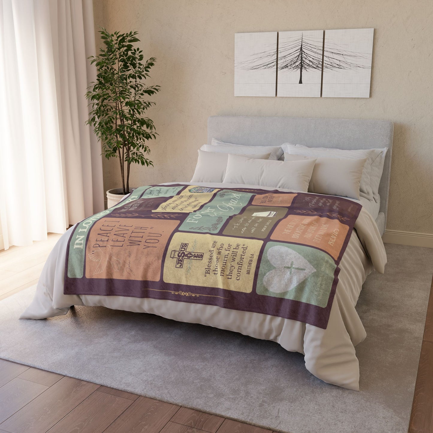 Christian memorial blanket with an "Eternal Peace" scripture design featuring uplifting Bible verses, a cross, dove, and stained glass imagery, spread across a neatly made bed with pillows in a serene bedroom setting, including quotes from Matthew 5:4, John 16:33, Psalm 145:18, and more.