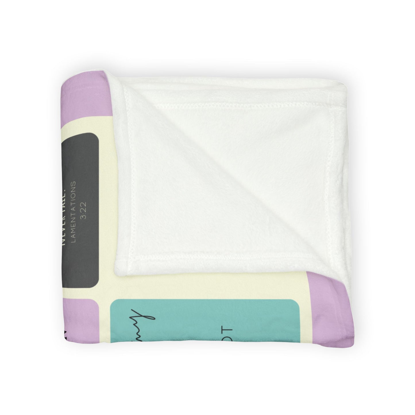 Folded Christian memorial blanket featuring an "Comfort and Peace" scripture design with uplifting Bible verses, including a reference to Lamentations 3:22, in soft pastel tones with a cross and dove motif.